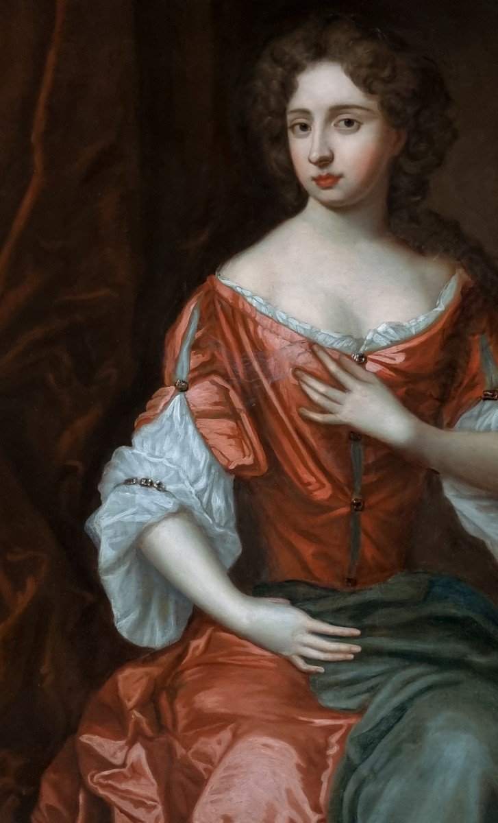 Portrait d'Une Dame En Robe Rouge Vers 1680, Provenance Du Manoir, Huile Antique Sur Toile-photo-1