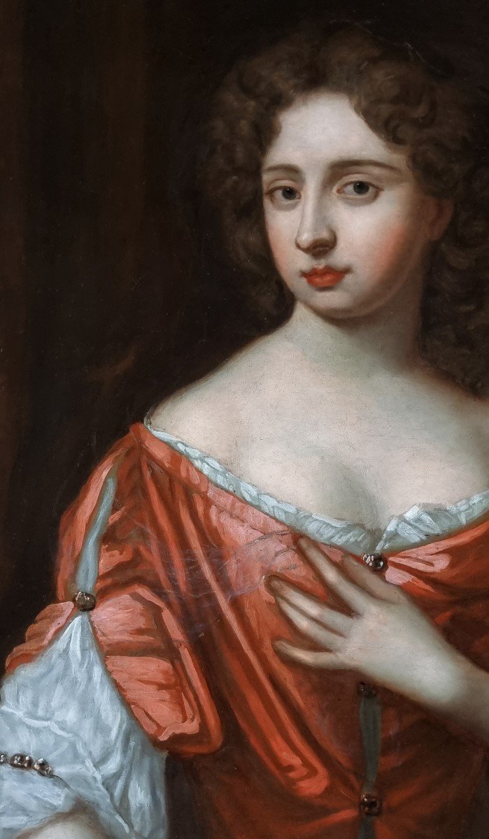 Portrait d'Une Dame En Robe Rouge Vers 1680, Provenance Du Manoir, Huile Antique Sur Toile-photo-2