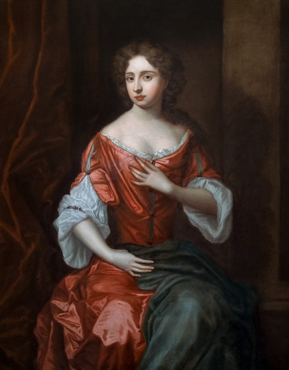 Portrait d'Une Dame En Robe Rouge Vers 1680, Provenance Du Manoir, Huile Antique Sur Toile-photo-3