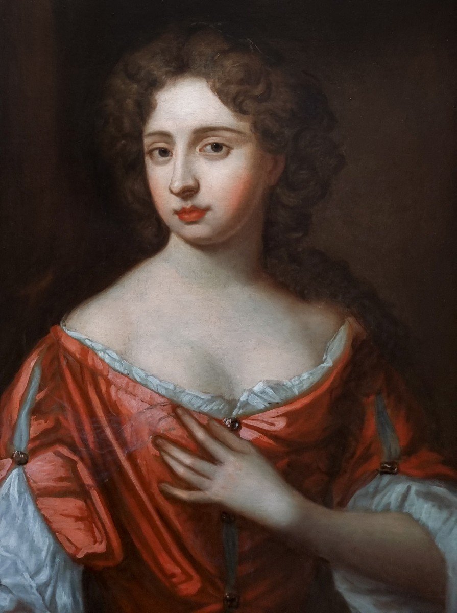 Portrait d'Une Dame En Robe Rouge Vers 1680, Provenance Du Manoir, Huile Antique Sur Toile-photo-4