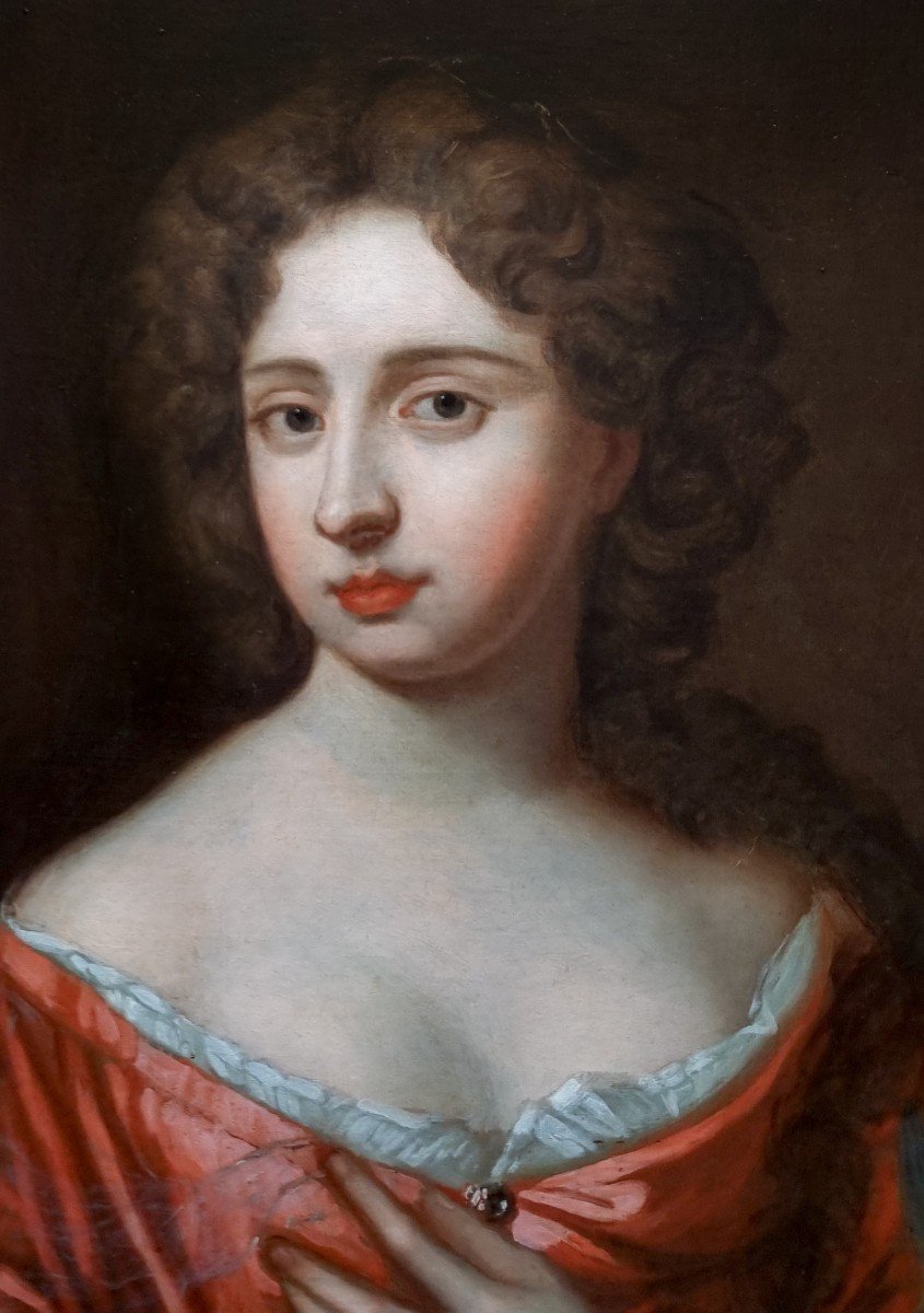 Portrait d'Une Dame En Robe Rouge Vers 1680, Provenance Du Manoir, Huile Antique Sur Toile-photo-5