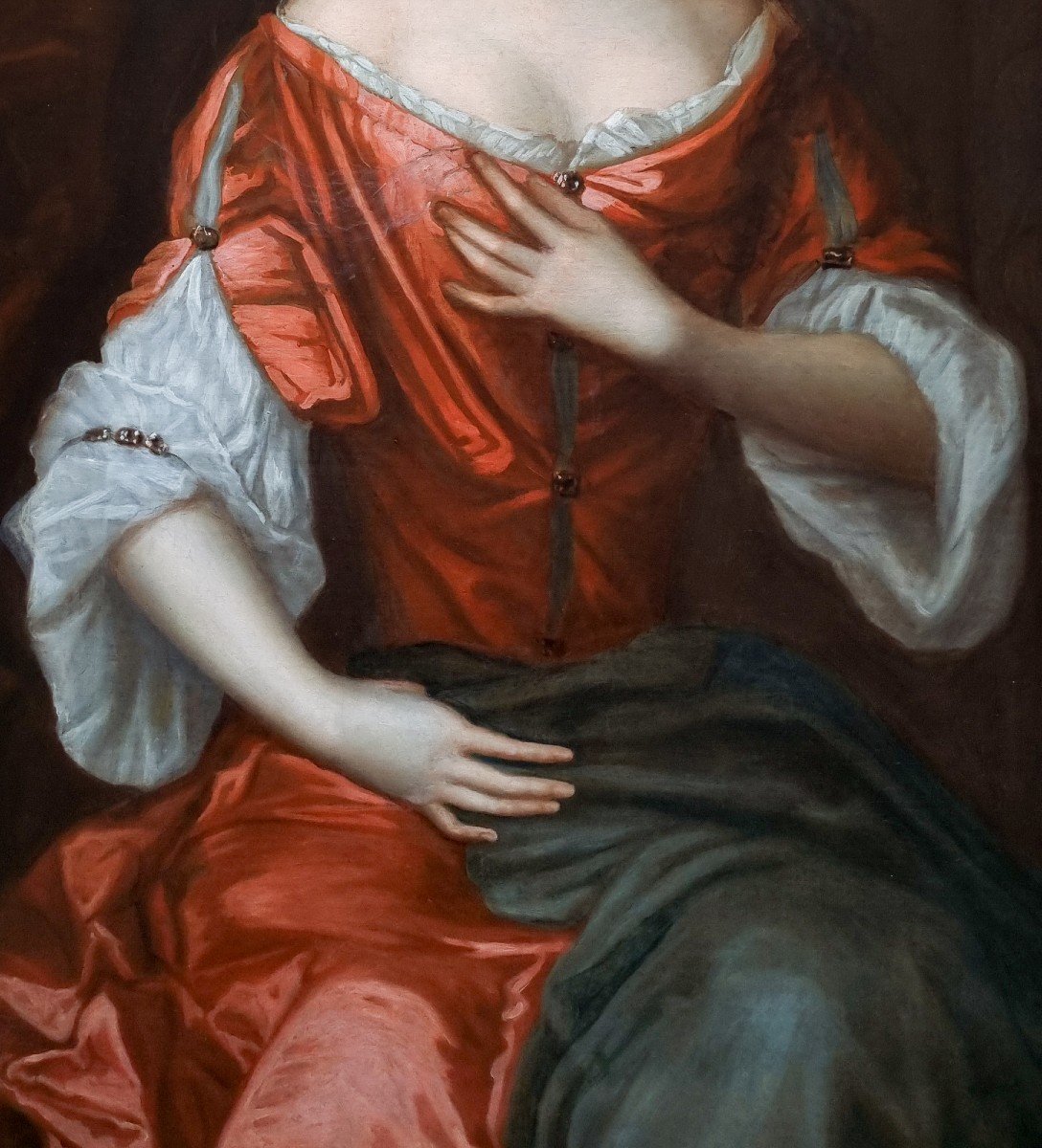 Portrait d'Une Dame En Robe Rouge Vers 1680, Provenance Du Manoir, Huile Antique Sur Toile-photo-6