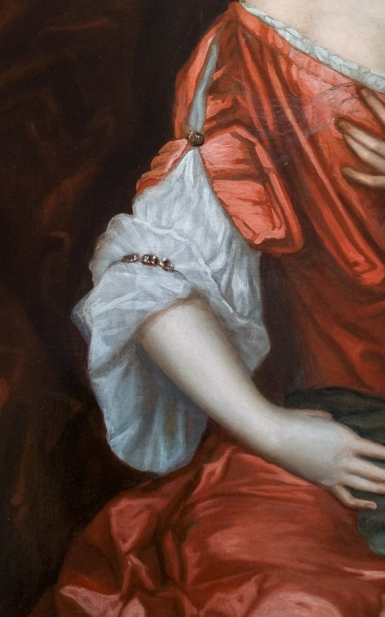 Portrait d'Une Dame En Robe Rouge Vers 1680, Provenance Du Manoir, Huile Antique Sur Toile-photo-7