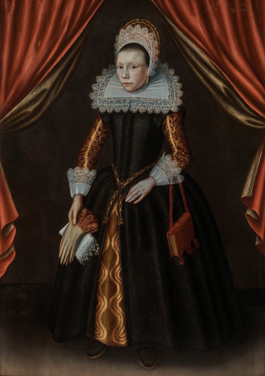 Proantic: Old Dutch Master Portrait Lady In Black Dress, Lace Collar