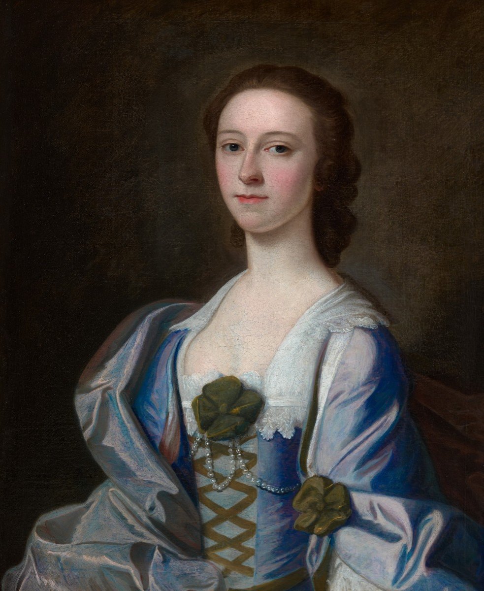 Portrait d'Une Dame En Robe De Soie Bleue Et Rose, Peut-être Mme Rowe, Signée Et Datée De 1752 -photo-3