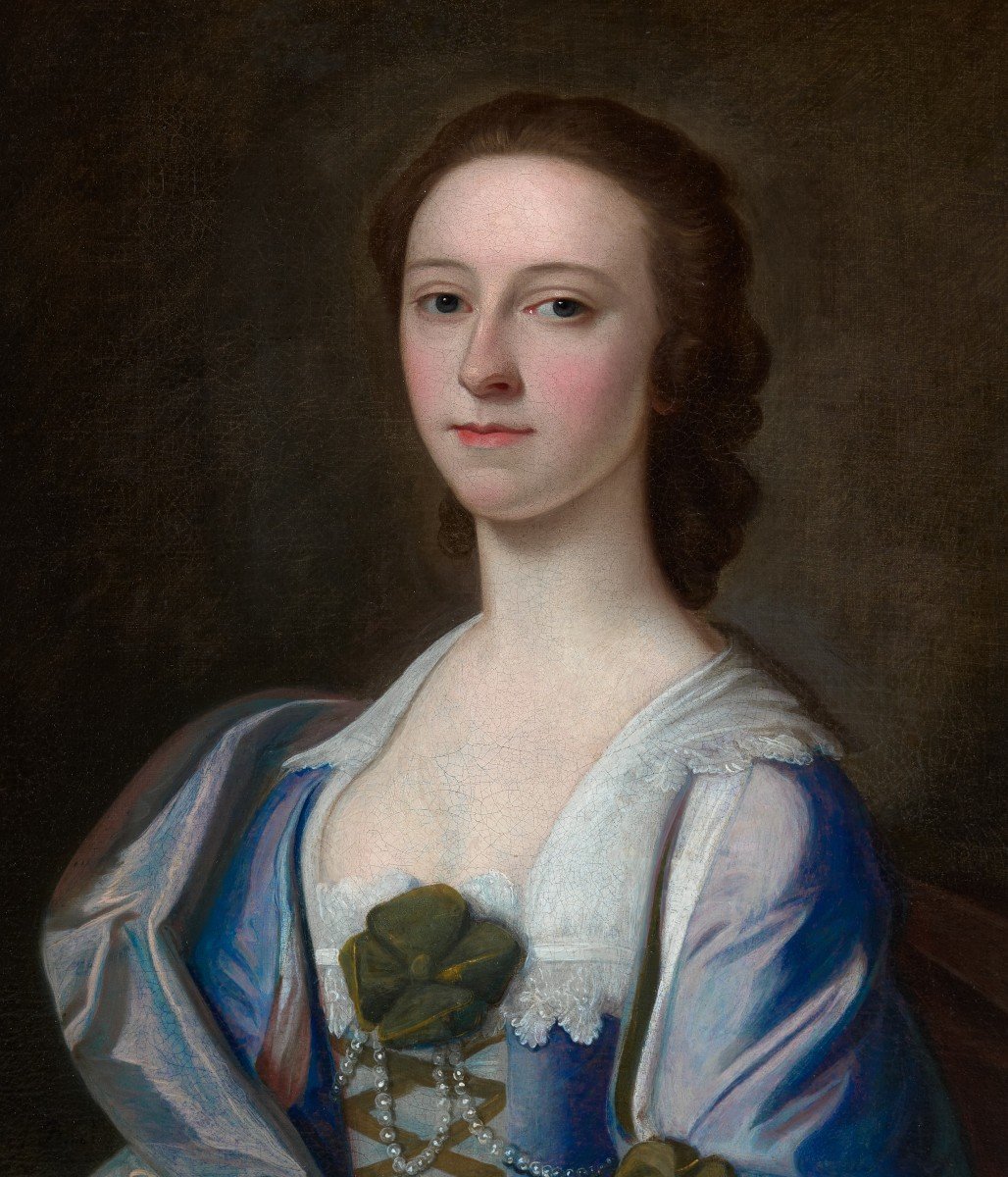 Portrait d'Une Dame En Robe De Soie Bleue Et Rose, Peut-être Mme Rowe, Signée Et Datée De 1752 -photo-2