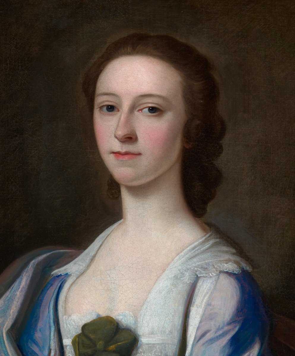 Portrait d'Une Dame En Robe De Soie Bleue Et Rose, Peut-être Mme Rowe, Signée Et Datée De 1752 -photo-3