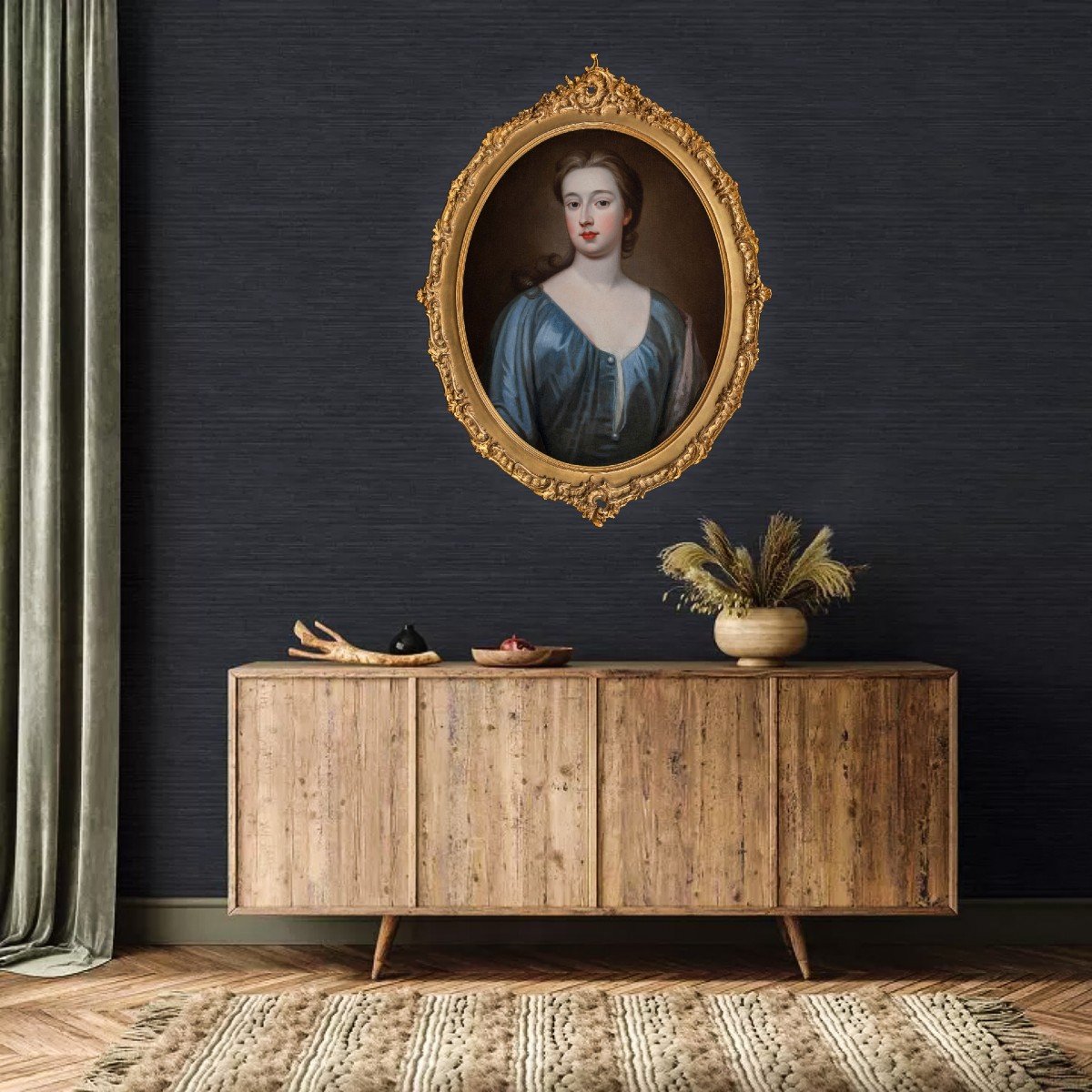 Portrait d'Une Jeune Femme En Robe De Soie Bleue Vers 1720, Cadre élaboré, Peinture à l'Huile-photo-2