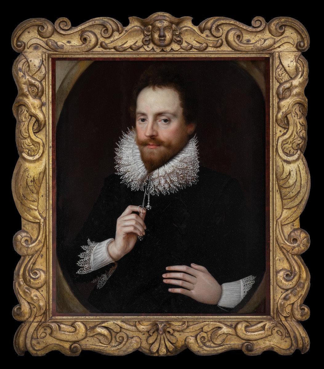 Portrait Of Sir Henry Wotton In Black Attire & White Collar C.1610-1620, Fine Rare Carved Frame