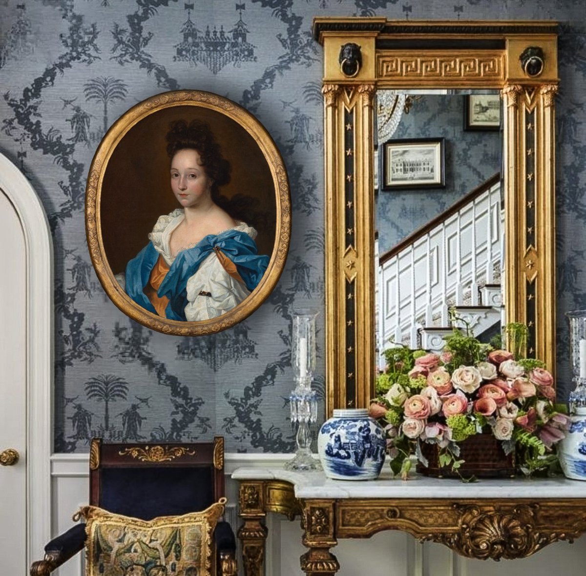 Portrait d'Une Dame En Robe Blanche Et Rousse Et Draperie Bleue Vers 1695 ; Peinture à l'Huile-photo-2