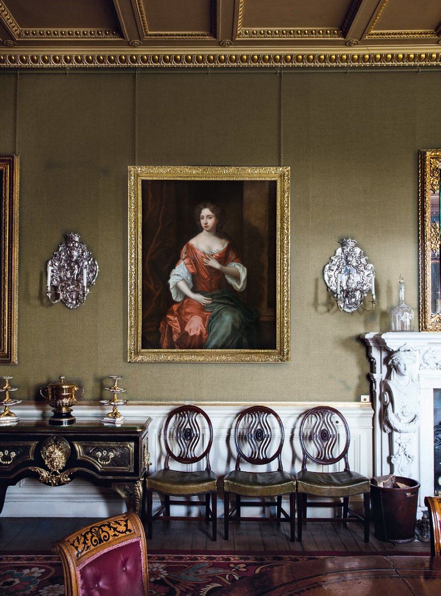 Portrait d'Une Dame En Robe Rouge Sur Un Porche Vers 1680, Provenance Aristocratique, Peinture-photo-4
