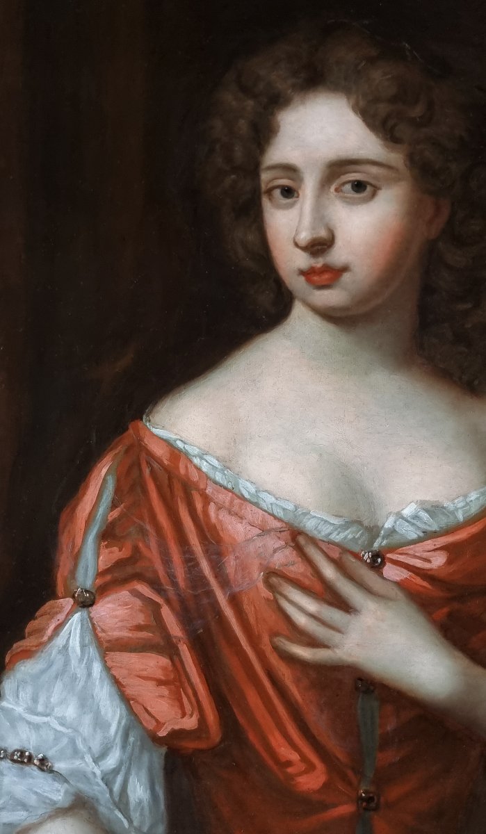 Portrait d'Une Dame En Robe Rouge Sur Un Porche Vers 1680, Provenance Aristocratique, Peinture-photo-6