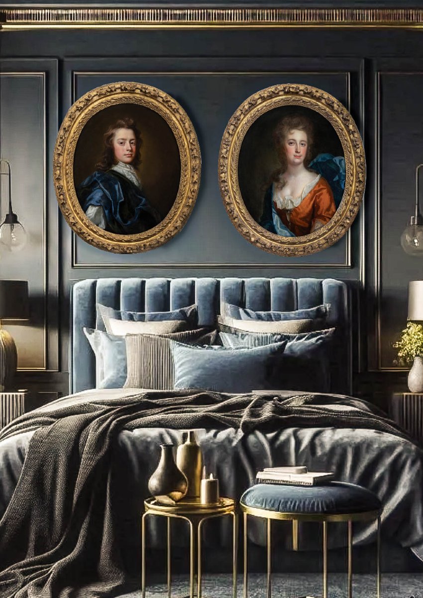 Portrait d'Un Gentilhomme Au Manteau Bleu Et Portrait d'Une Dame Vers 1697, Beaux Cadres Dorés -photo-2