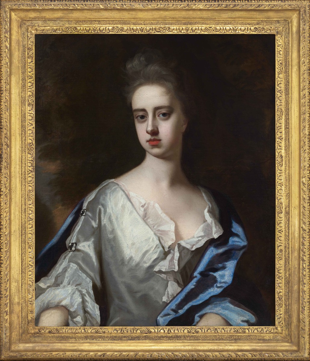 Portrait d'une dame en robe blanche et manteau bleu, Frances Lady Berkeley vers 1695