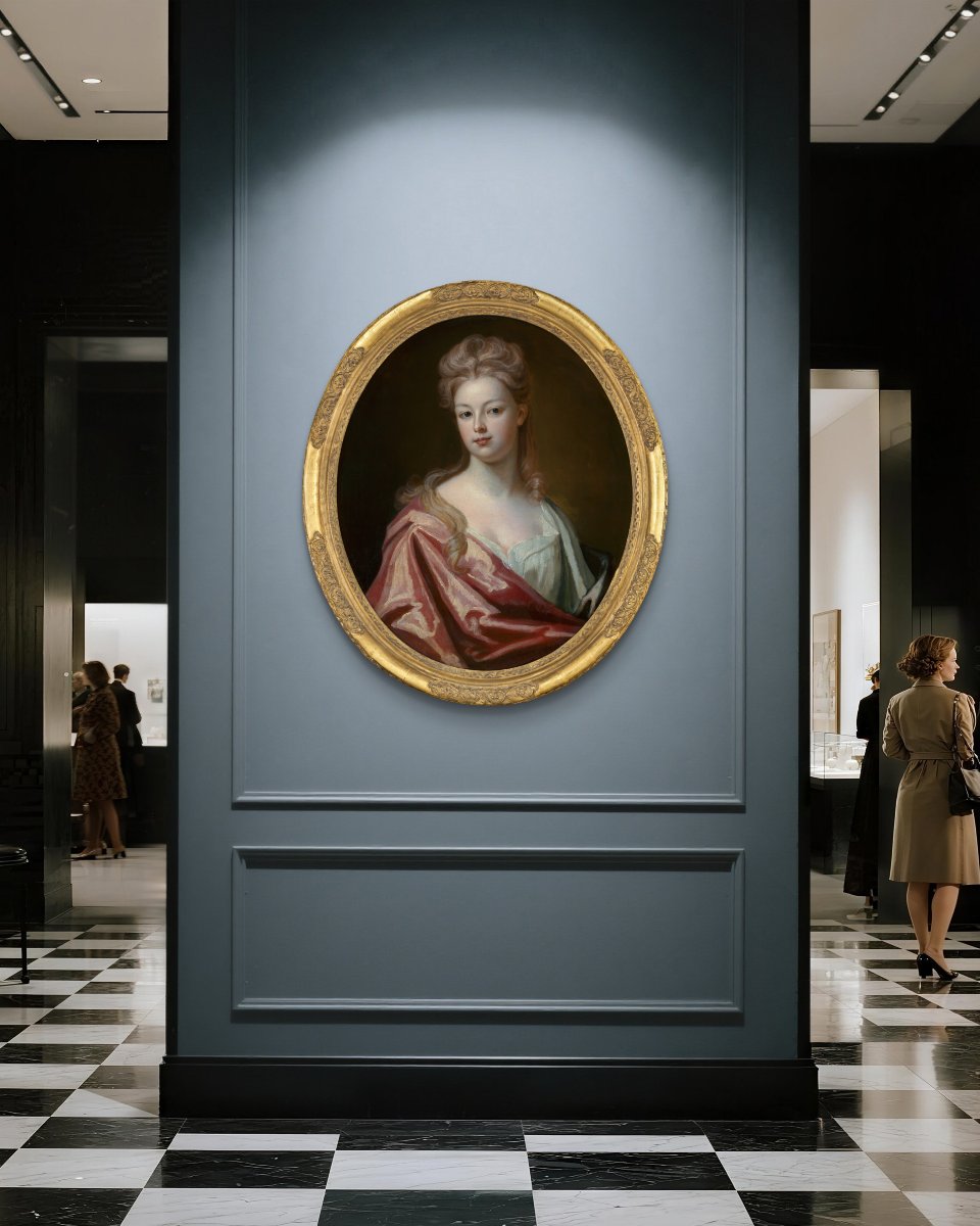 Portrait Of A Lady, Mrs Wray In A Silk Dress & Pink Wrap C.1698 Oil On Canvas Painting-photo-2