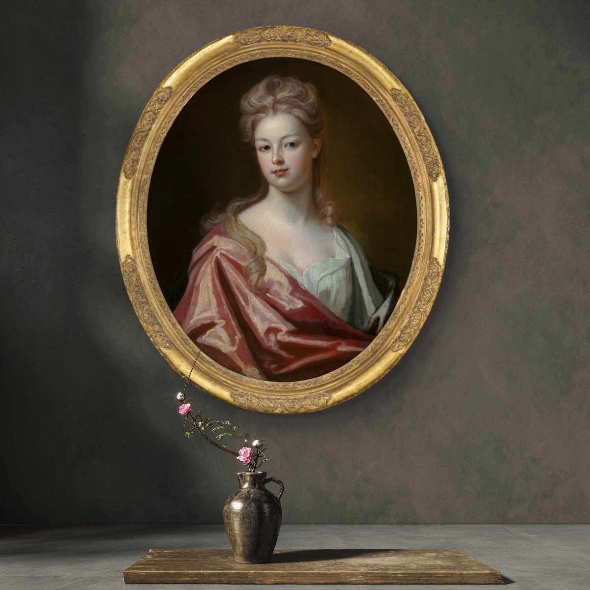 Portrait Of A Lady, Mrs Wray In A Silk Dress & Pink Wrap C.1698 Oil On Canvas Painting-photo-3