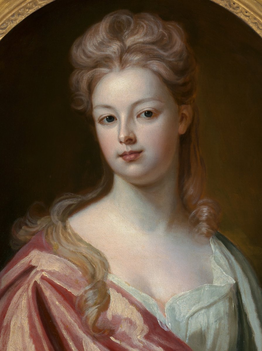 Portrait Of A Lady, Mrs Wray In A Silk Dress & Pink Wrap C.1698 Oil On Canvas Painting-photo-2