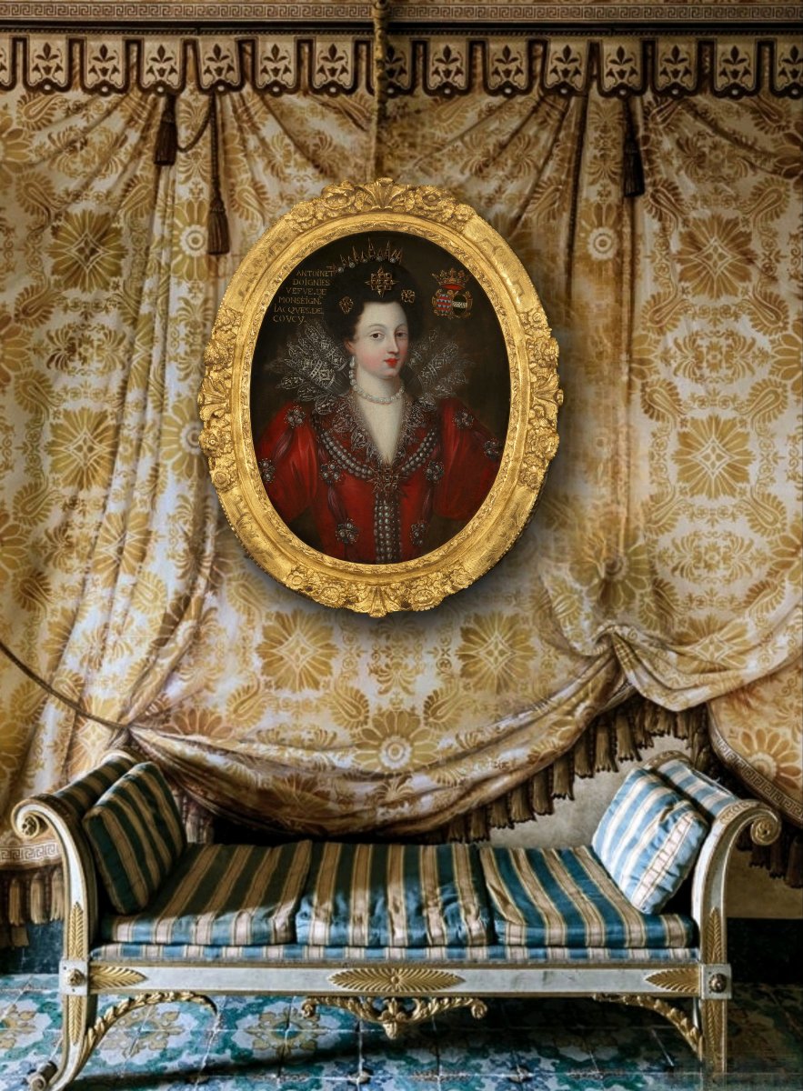 Portrait Of Antoinette Coucy In Red Dress Lace Jewels C.1605; 17th Century French School-photo-4