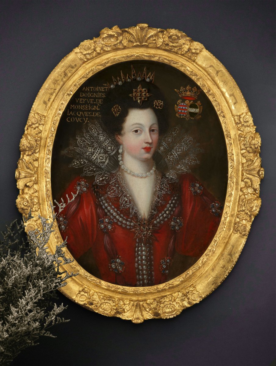 Portrait Of Antoinette Coucy In Red Dress Lace Jewels C.1605; 17th Century French School-photo-1