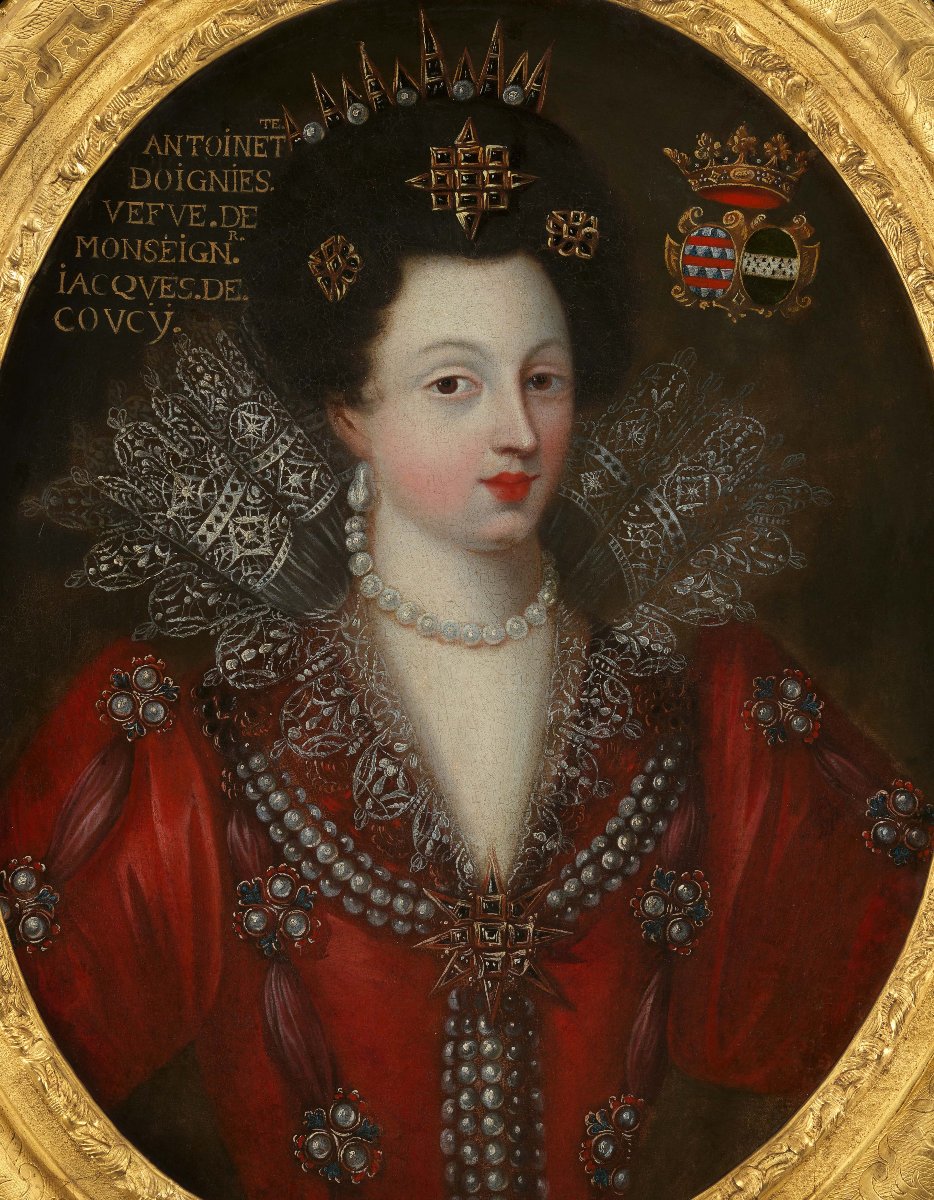 Portrait Of Antoinette Coucy In Red Dress Lace Jewels C.1605; 17th Century French School-photo-3