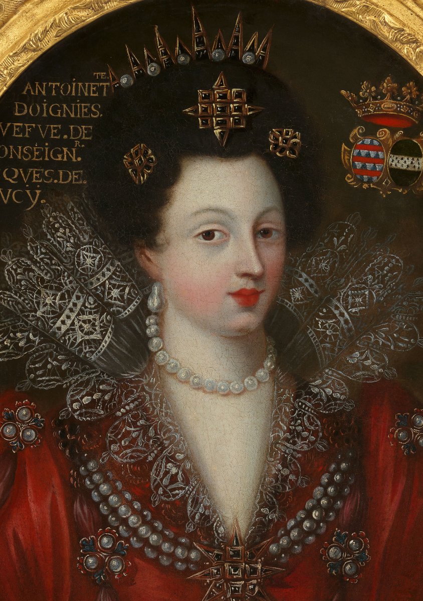 Portrait Of Antoinette Coucy In Red Dress Lace Jewels C.1605; 17th Century French School-photo-4