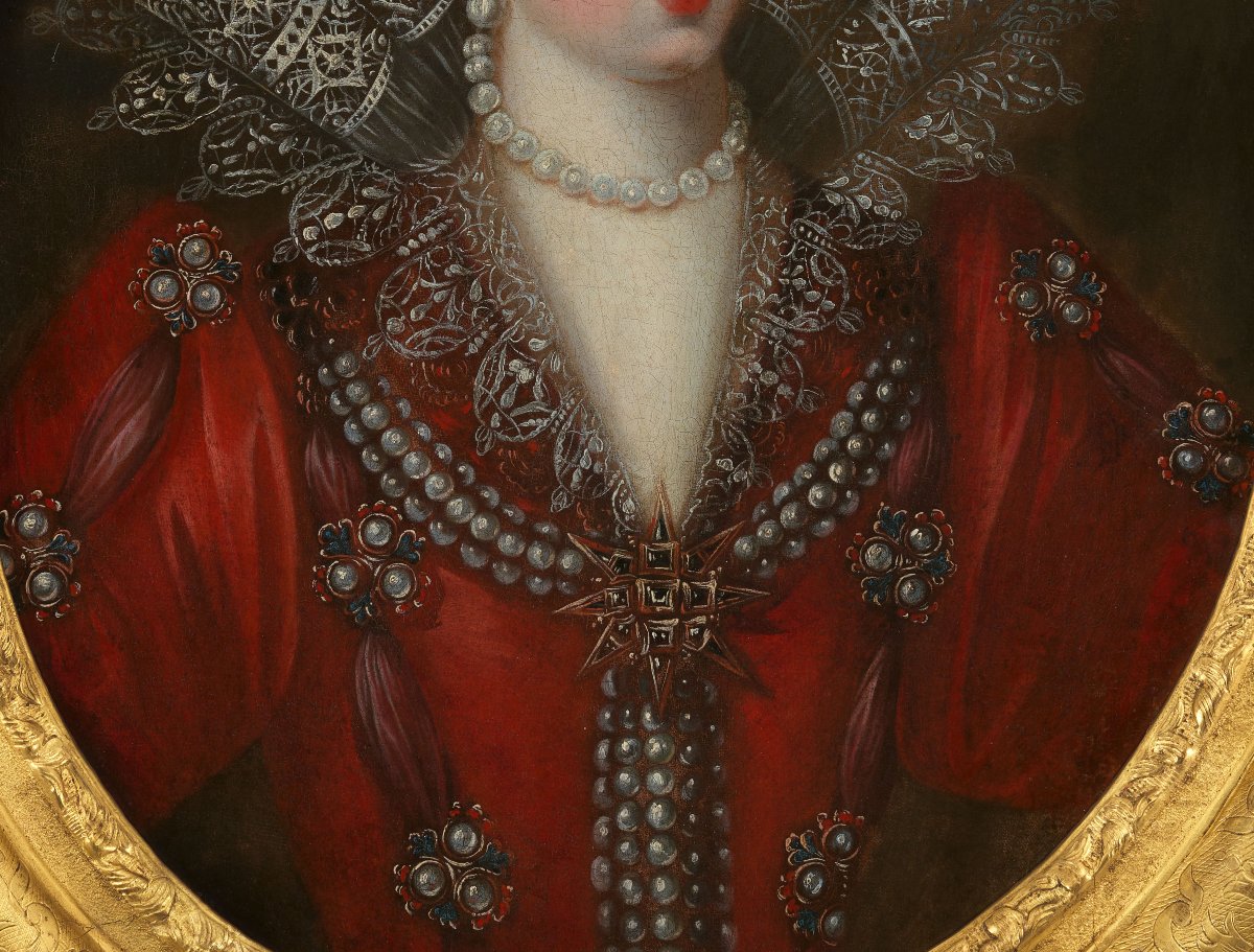 Portrait Of Antoinette Coucy In Red Dress Lace Jewels C.1605; 17th Century French School-photo-5