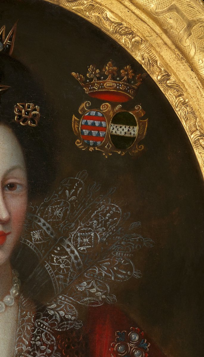 Portrait Of Antoinette Coucy In Red Dress Lace Jewels C.1605; 17th Century French School-photo-6