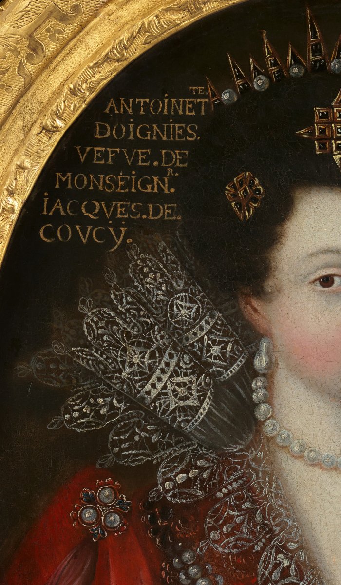 Portrait Of Antoinette Coucy In Red Dress Lace Jewels C.1605; 17th Century French School-photo-7