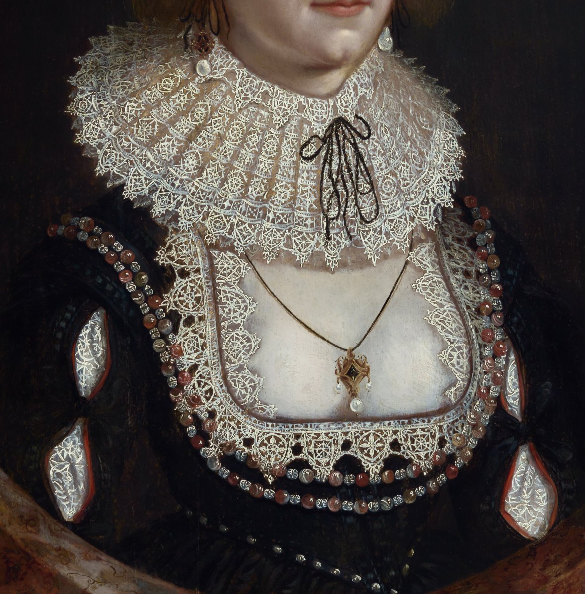 Portrait Of A Lady In Sumptuous Black Attire, Jewelry, Lace C.1618-1622, Old Master Painting-photo-2