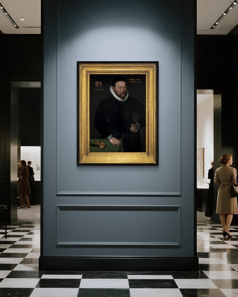 Civic Portrait Of A Gentleman In A Doublet Beside A Table With Clock, Dated 1595, Oil On Panel-photo-2