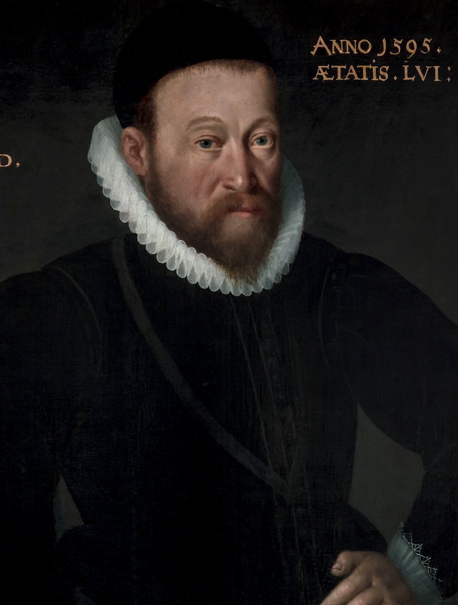 Civic Portrait Of A Gentleman In A Doublet Beside A Table With Clock, Dated 1595, Oil On Panel-photo-1