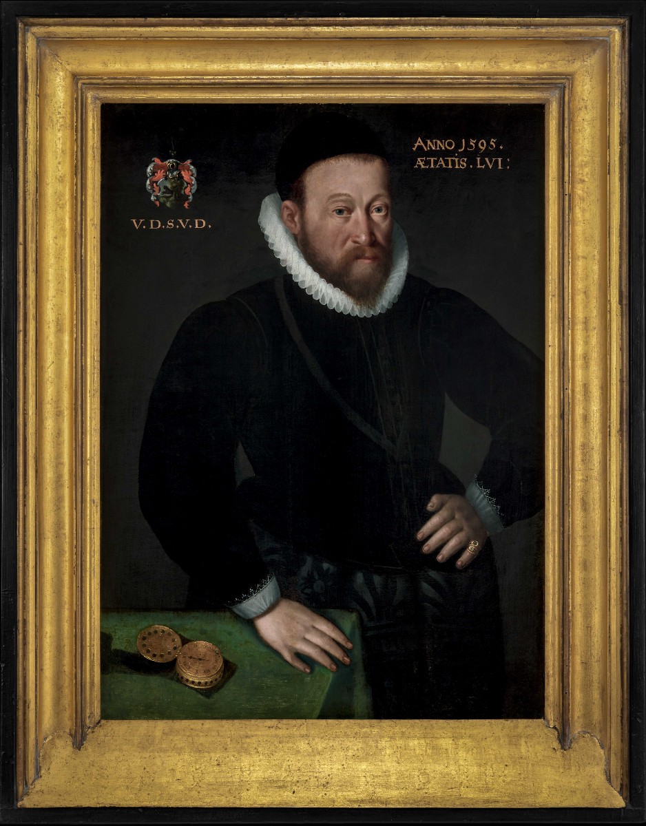 Civic Portrait Of A Gentleman In A Doublet Beside A Table With Clock, Dated 1595, Oil On Panel