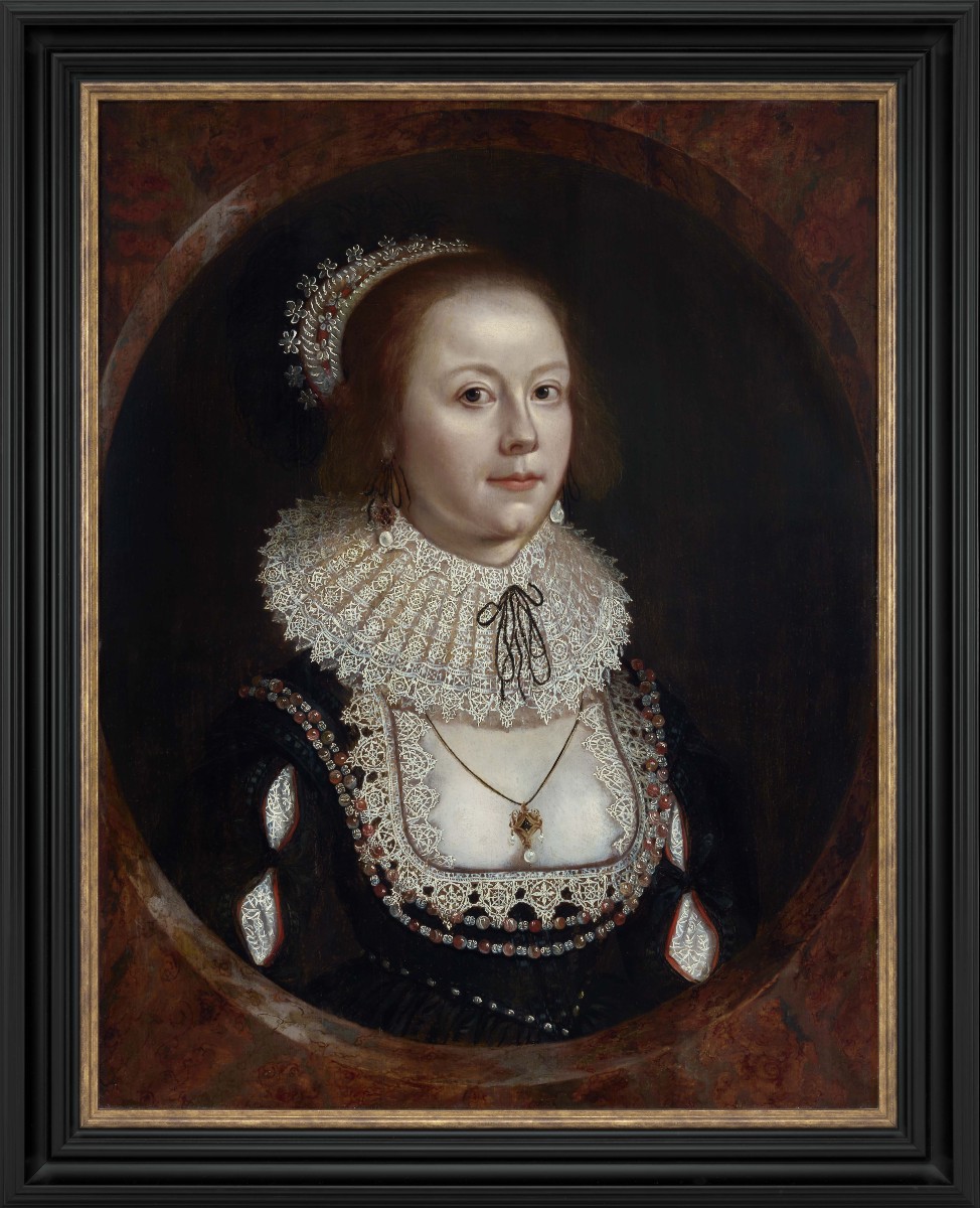 Portrait d'une dame en dentelle et perles, vers 1618-1622, huile sur panneau, historical 