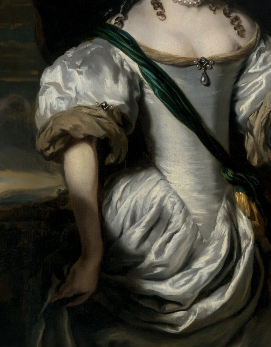 Portrait Of Elegant Lady In White Satin Dress, Signed & Dated 1669; Attributed To Nicolaes Maes-photo-1