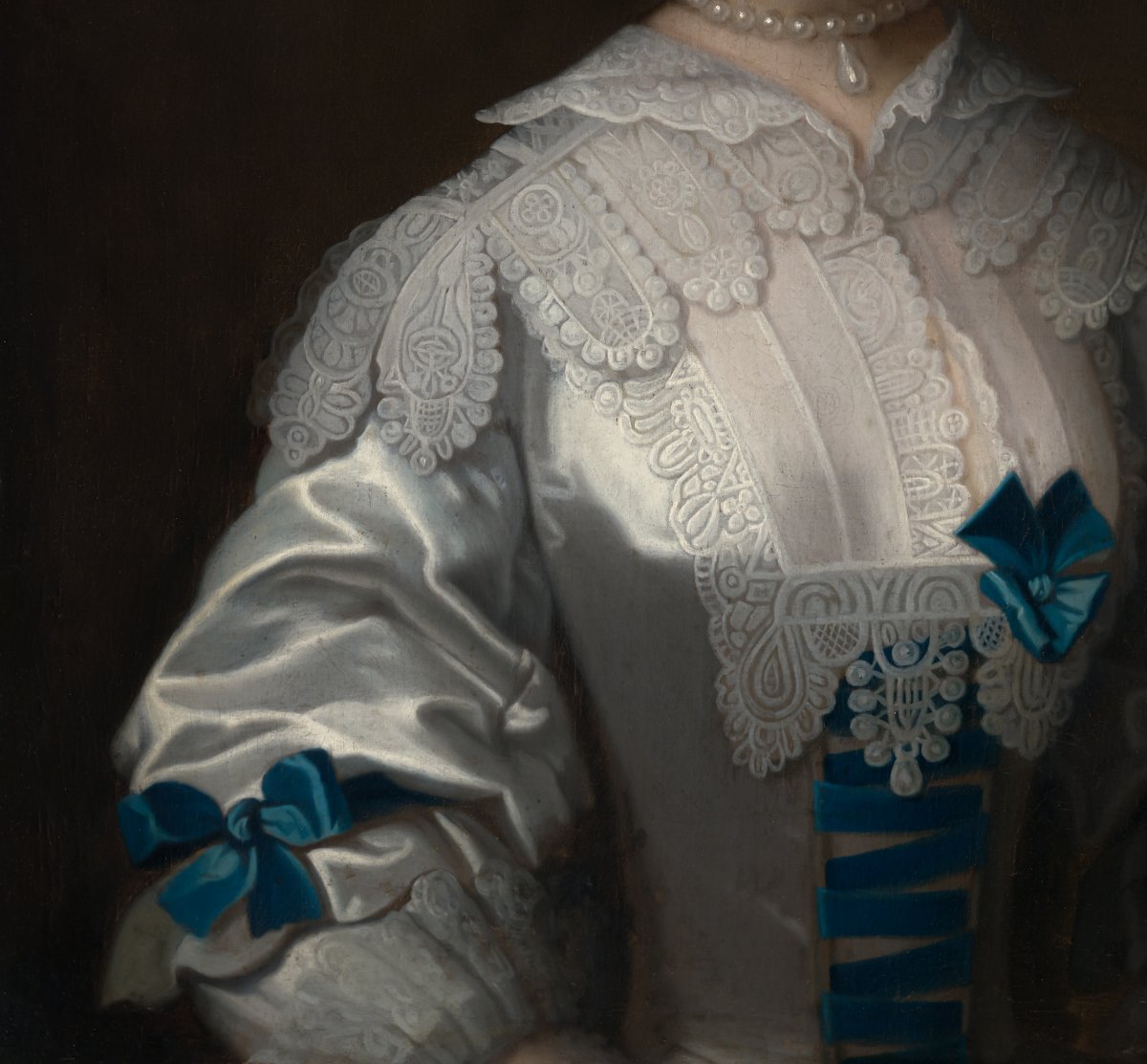 Portrait d’une dame en robe de soie blanche à nœuds bleus, v.1745–1755, attr. Henry Pickering-photo-4