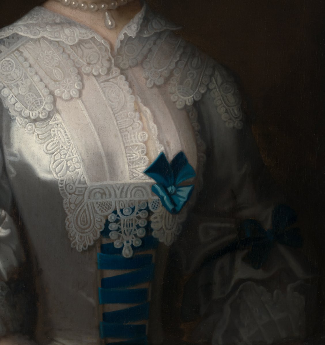 Portrait d’une dame en robe de soie blanche à nœuds bleus, v.1745–1755, attr. Henry Pickering-photo-2