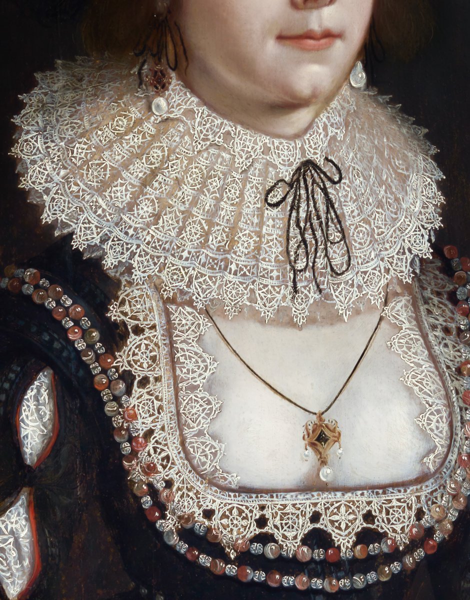 Portrait Of Mary Hammond In Sumptuous Attire, Jewels And Lace C.1618-22; Cornelius Johnson-photo-2