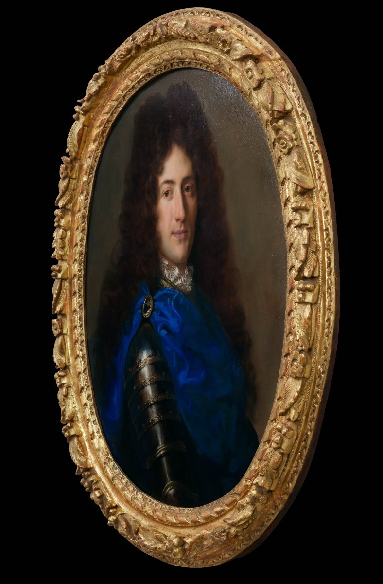 Portrait Of A Gentleman In Armour And Blue Drapery C.1700; Fine Carved Gilded Period Frame-photo-2