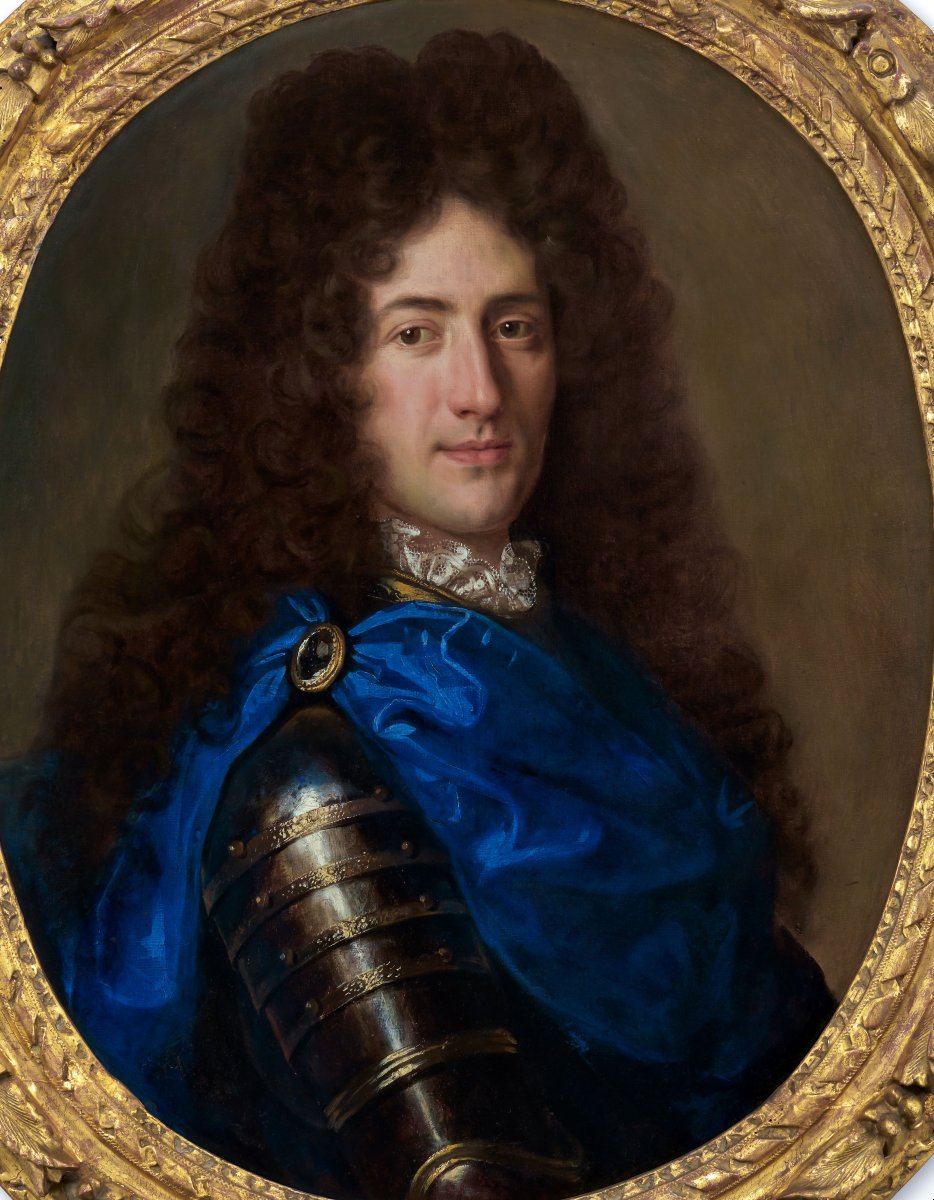 Portrait Of A Gentleman In Armour And Blue Drapery C.1700; Fine Carved Gilded Period Frame-photo-3