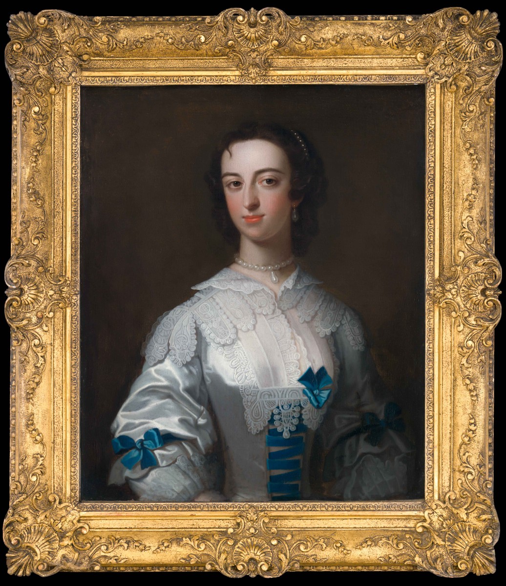 Portrait Of A Lady In A White Dress With Blue Ribbons, Oil On Canvas, C.1745, Fine Carved Frame
