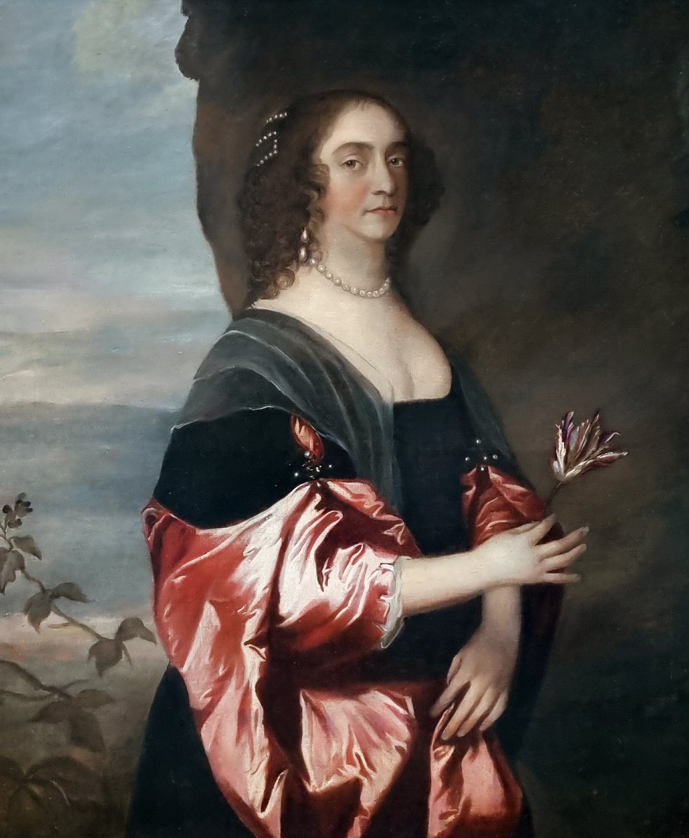 Portrait Of A Lady, In A Black Dress With Red Satin Sleeves And Pearls C.1660–1680-photo-2