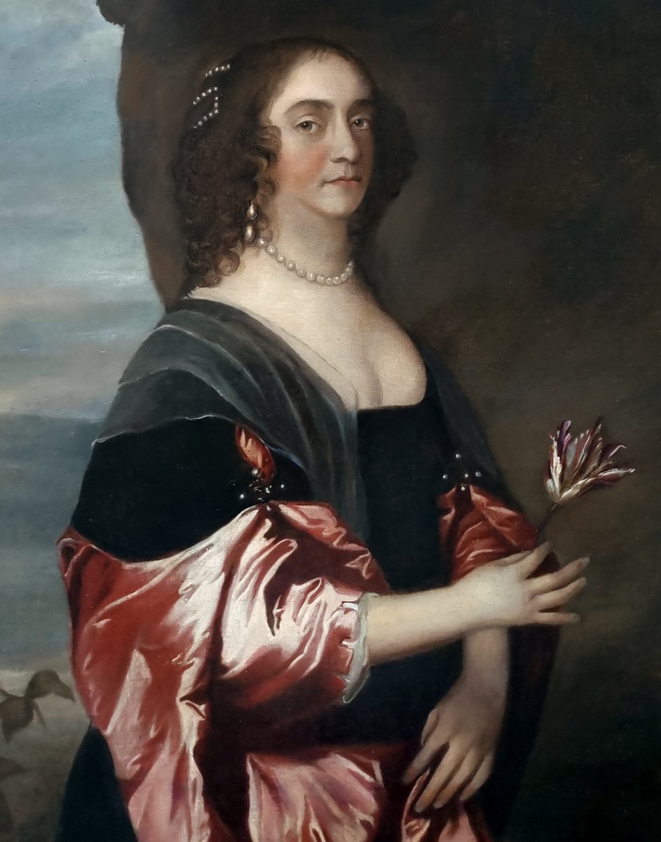 Portrait Of A Lady, In A Black Dress With Red Satin Sleeves And Pearls C.1660–1680-photo-1