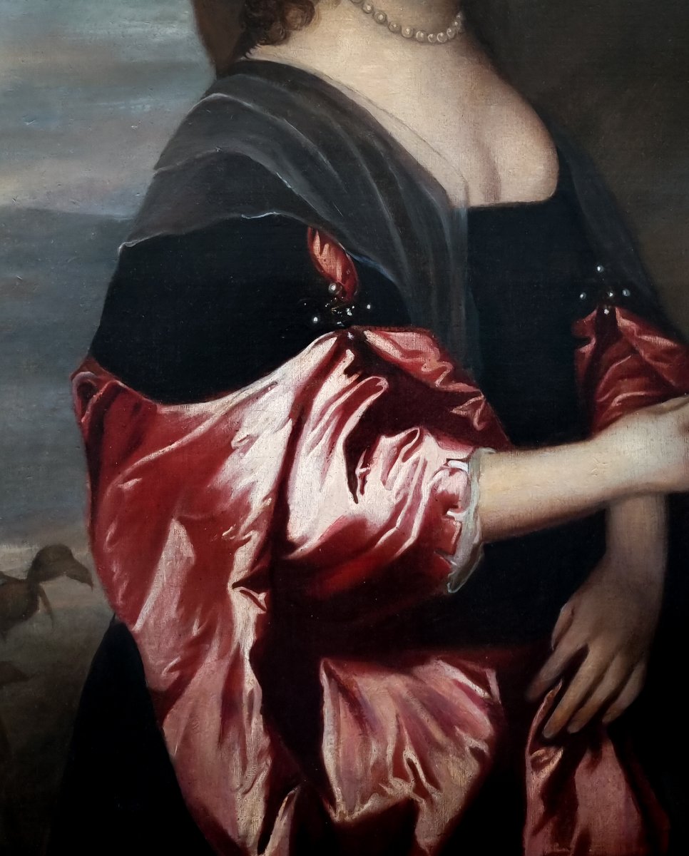 Portrait Of A Lady, In A Black Dress With Red Satin Sleeves And Pearls C.1660–1680-photo-3