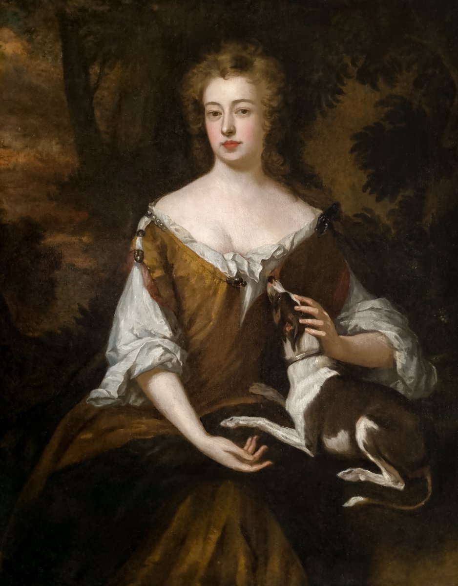 Portrait Of An Elegant Lady With Pet Dog C.1690–1700; Studio Of Godfrey Kneller, Oil On Canvas-photo-2