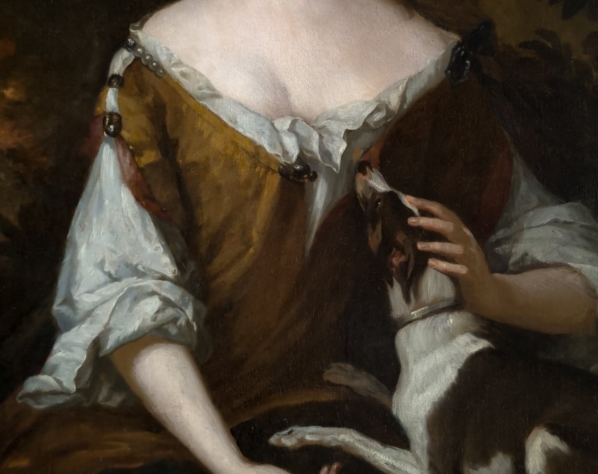 Portrait Of An Elegant Lady With Pet Dog C.1690–1700; Studio Of Godfrey Kneller, Oil On Canvas-photo-1