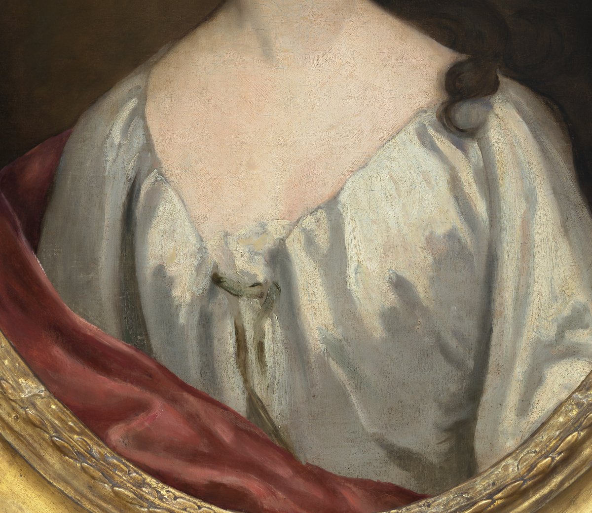 Portrait d'une jeune femme en robe blanche, vers 1730, beau cadre sculpté, huile sur toile-photo-4