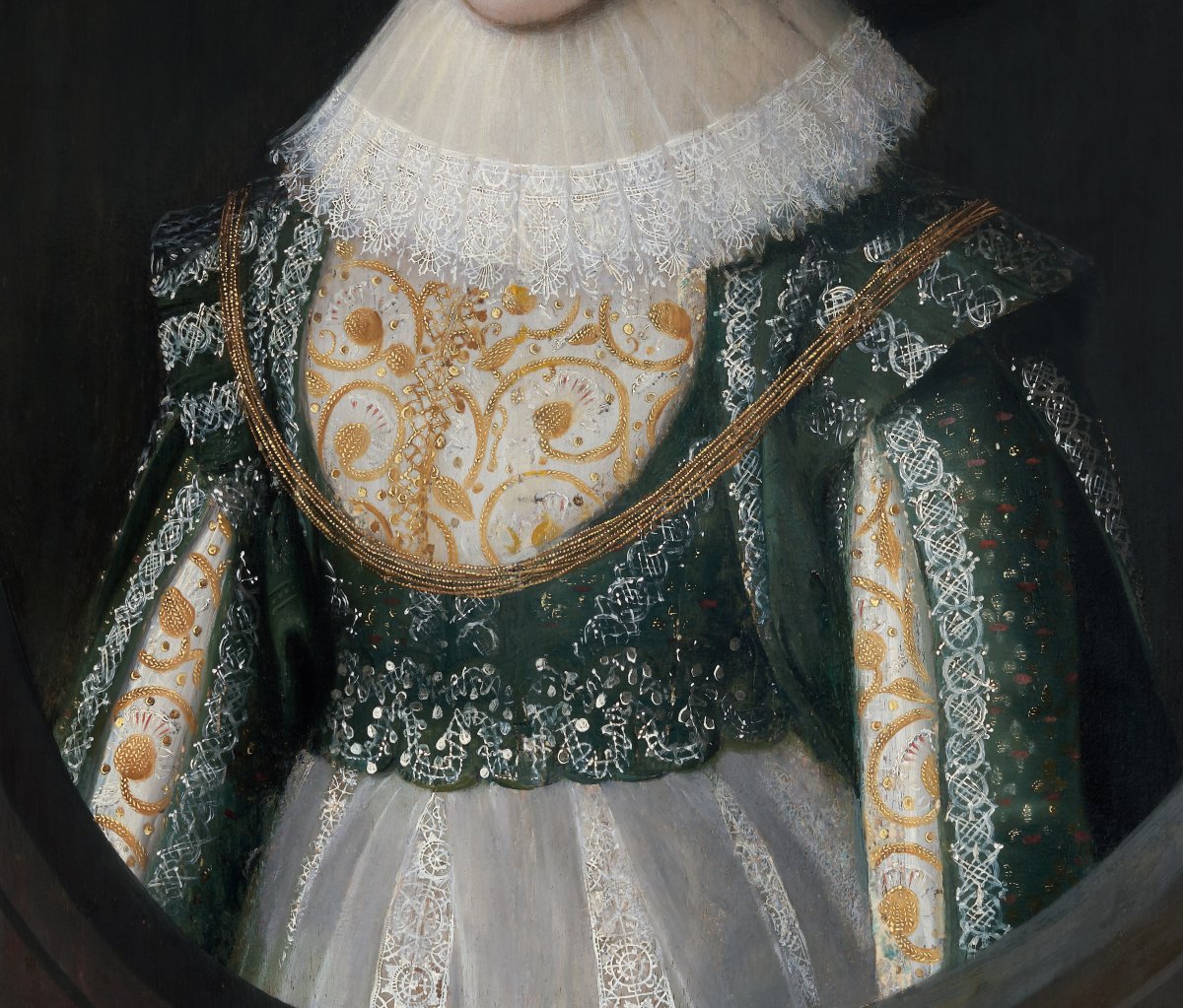 C. 1623 Portrait Of Lady Elizabeth Wheeler In A White & Green Dress; Cornelius Johnson-photo-3