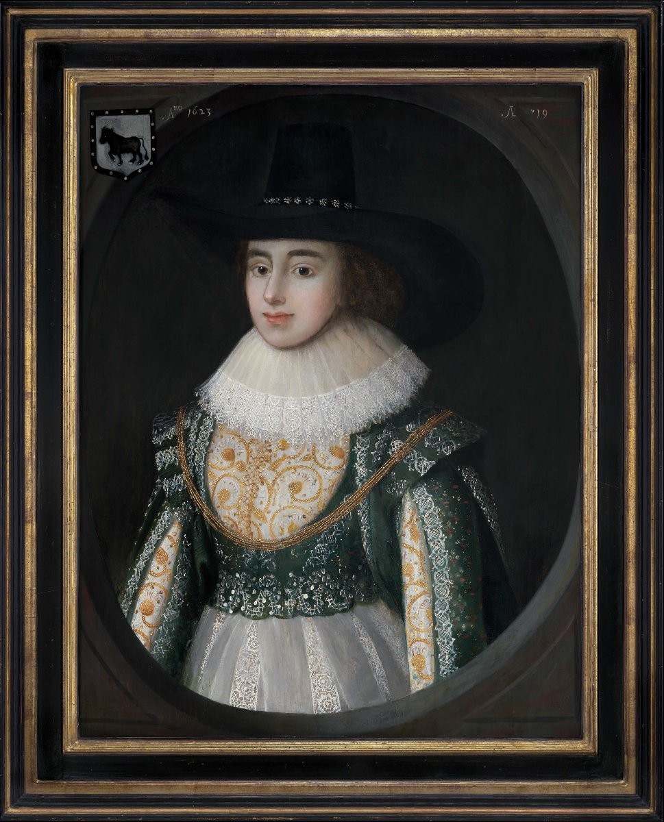 C. 1623 Portrait Of Lady Elizabeth Wheeler In A White & Green Dress; Cornelius Johnson