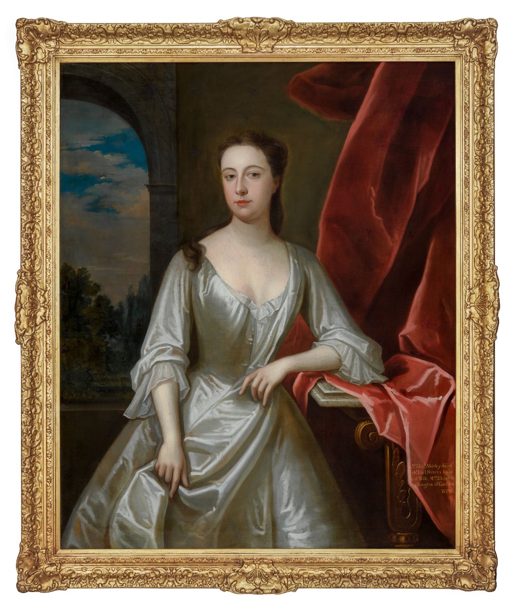 Portrait de Lady Elizabeth Shirley, sur une véranda près d'une table en marbre, vers 1705-1710