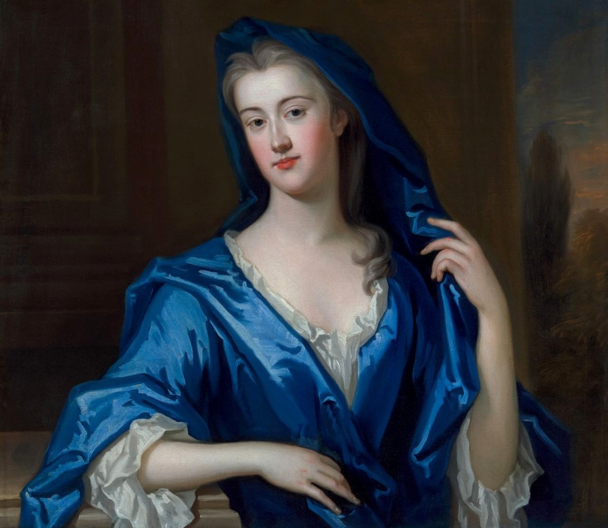 Portrait Of Elizabeth Rooper, Lady Dryden In A Blue Wrap, Exceptional Carved Frame C.1725-30-photo-3
